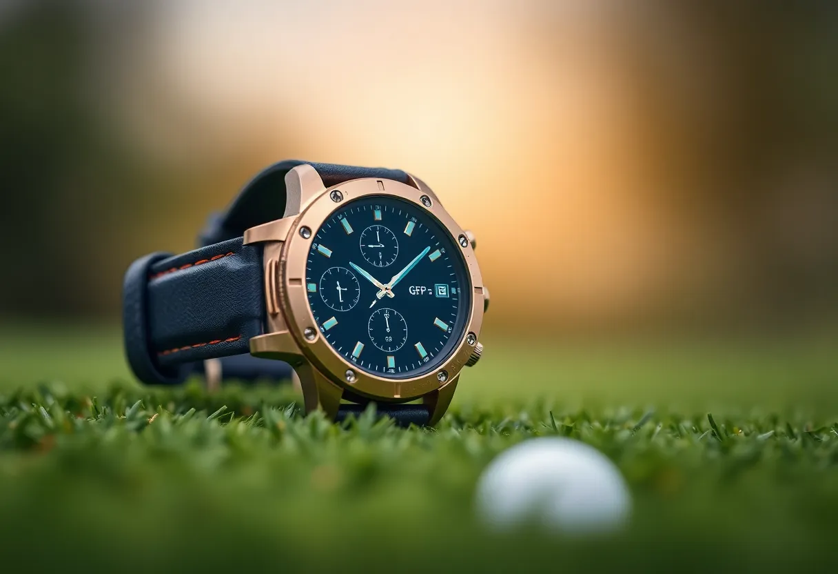 Futuristic golf watch displaying smart features on a golf course