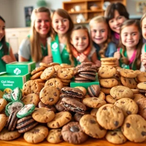 Display of various Girl Scout cookies on a table