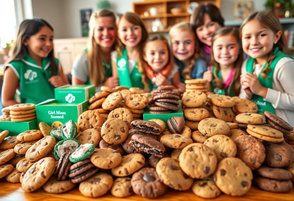 Display of various Girl Scout cookies on a table