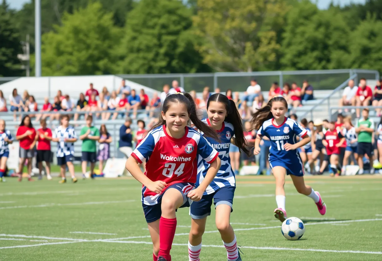 Young female athletes participating in a flag football tournament in Jacksonville