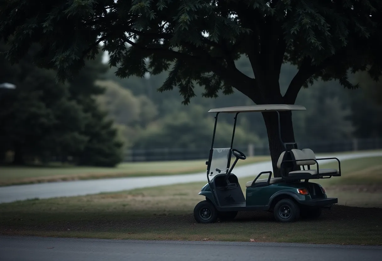 An abandoned golf cart under a tree symbolizing a tragic incident.