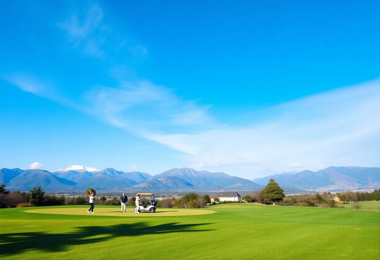 Golfers playing on a picturesque golf course surrounded by nature