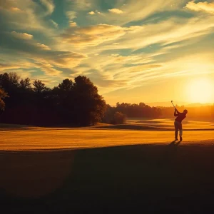 A picturesque view of a golf course with players and beautiful lighting.