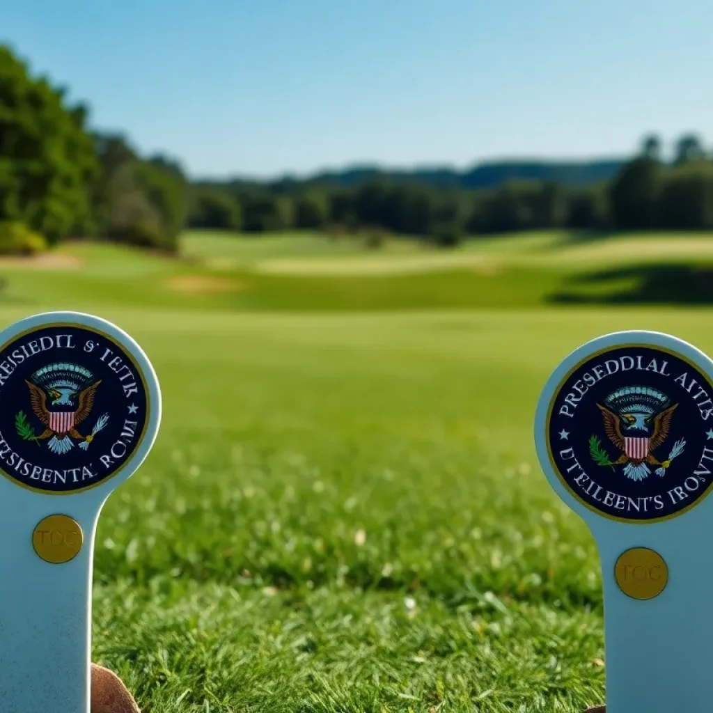 Tee markers at a golf course with a presidential seal design