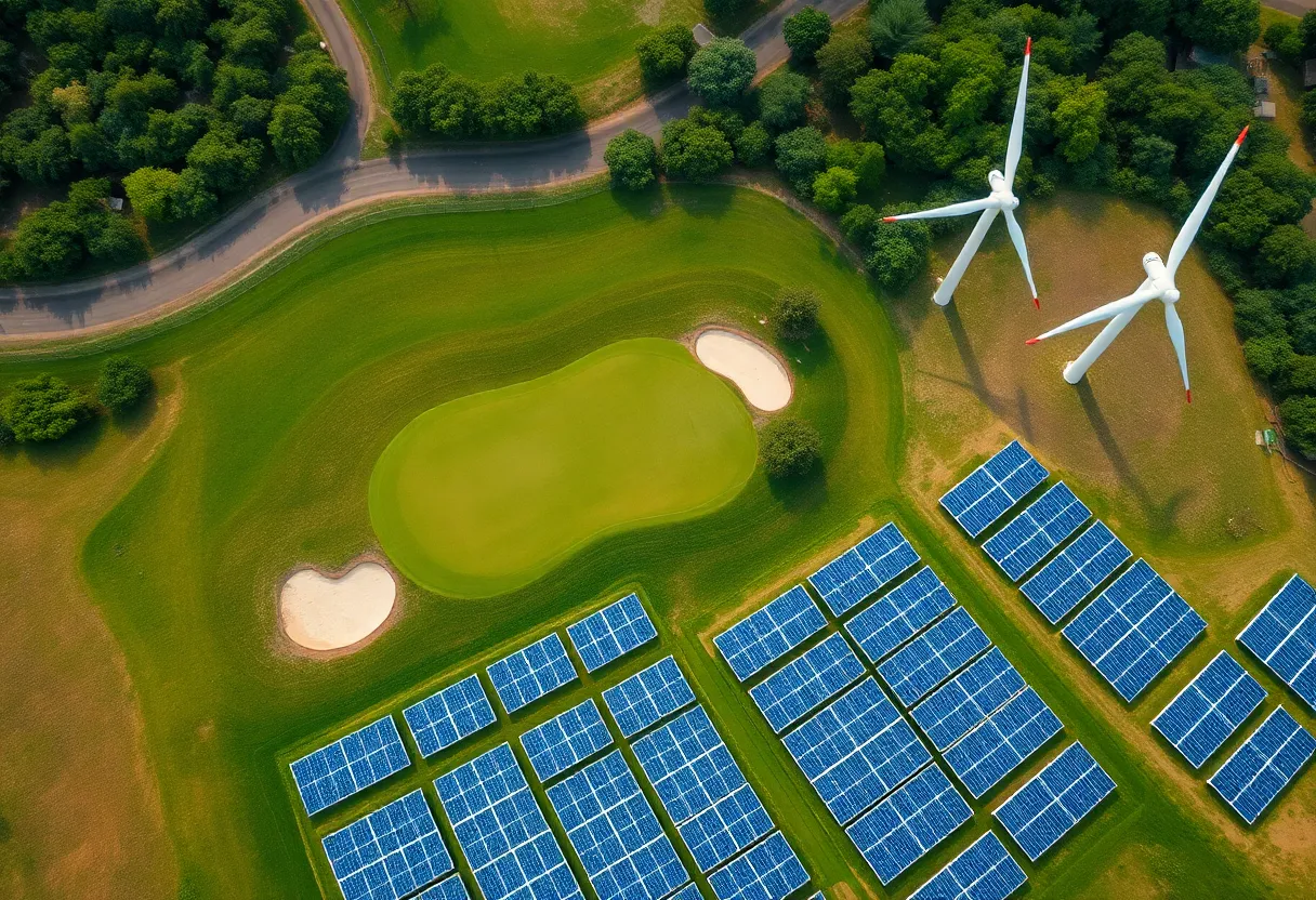 A panoramic view of a golf course with solar panels and wind turbines