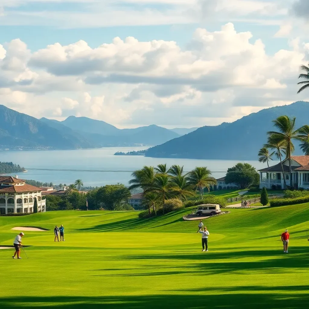 A stunning golf course with vibrant greens and a blue sky.