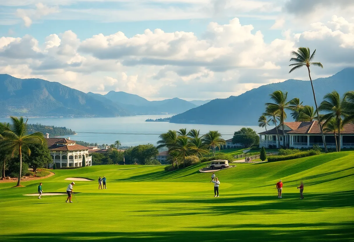 A stunning golf course with vibrant greens and a blue sky.