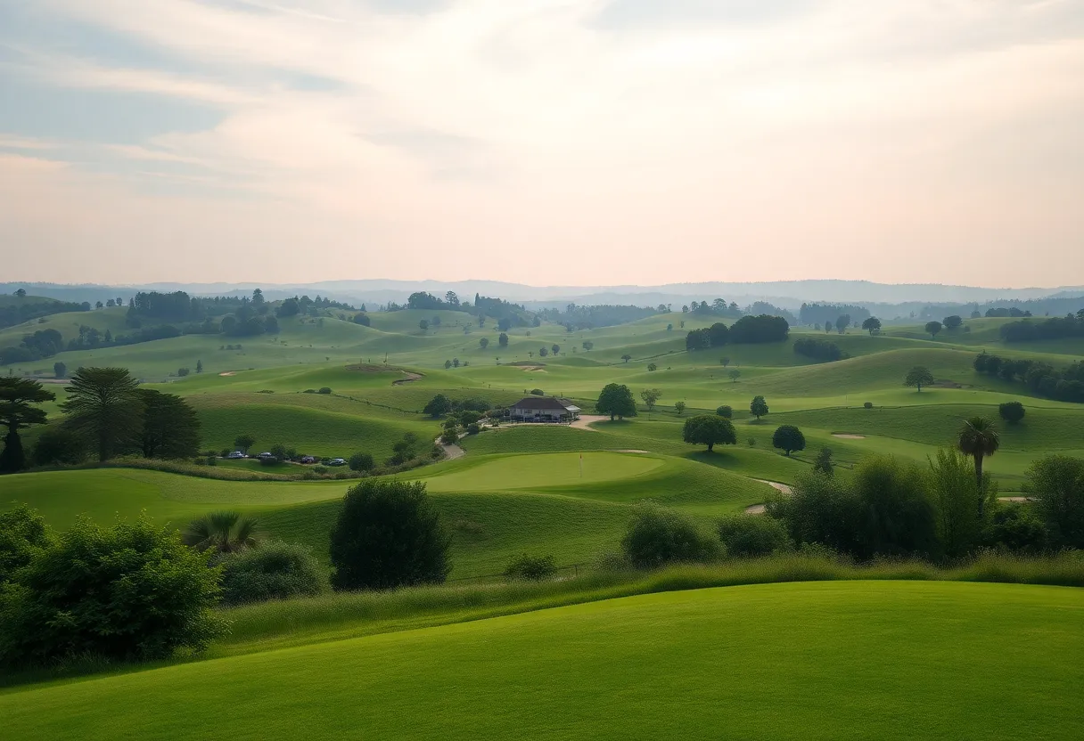 A scenic view of a golf course with lush greens and clear skies