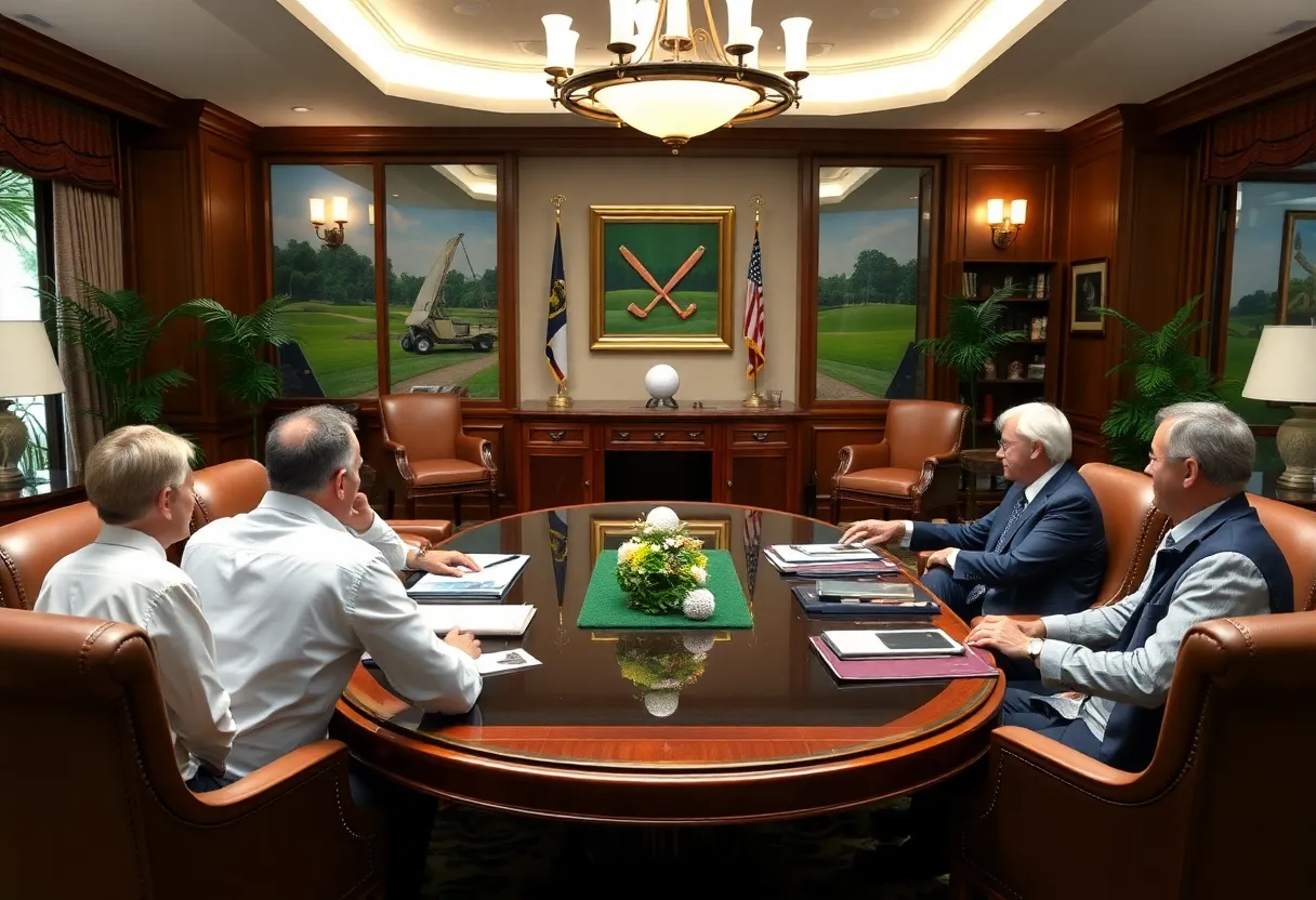Negotiations in golf discussed outdoors with golf elements.