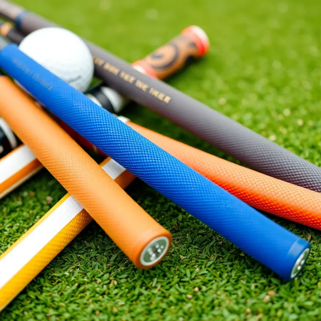 Variety of golf grips by Golf Pride on a golf course