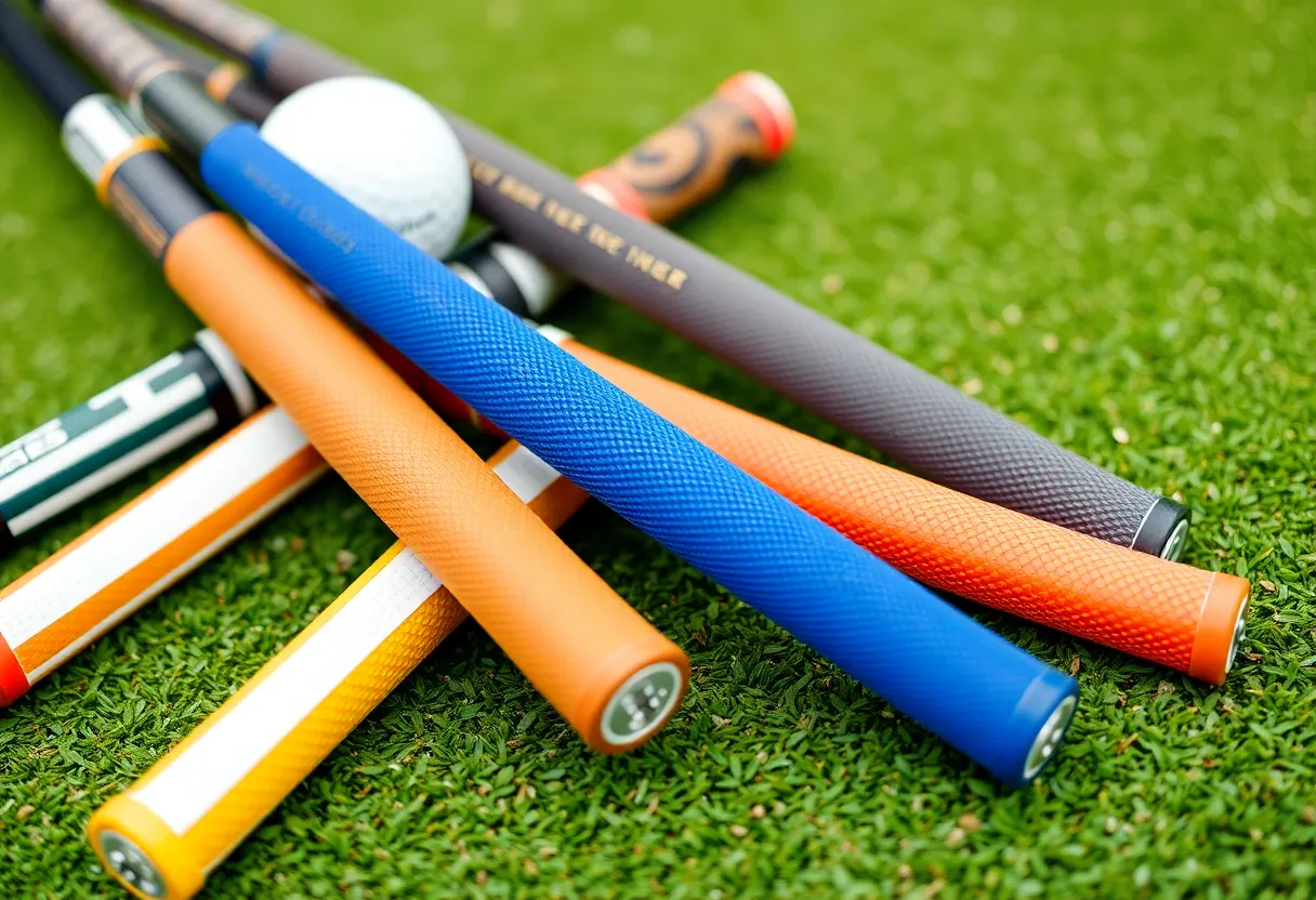 Variety of golf grips by Golf Pride on a golf course