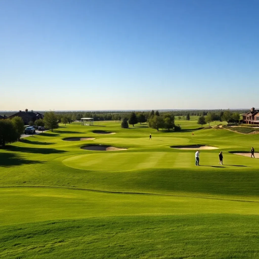 A scenic golf course with luxury resorts in the background.