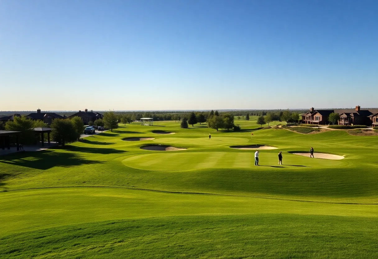 A scenic golf course with luxury resorts in the background.