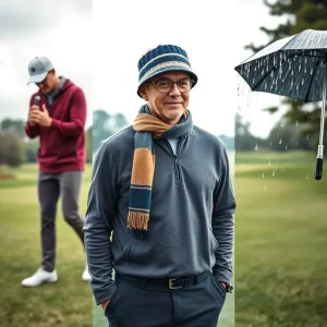 A golfer dressed for various weather conditions on a golf course
