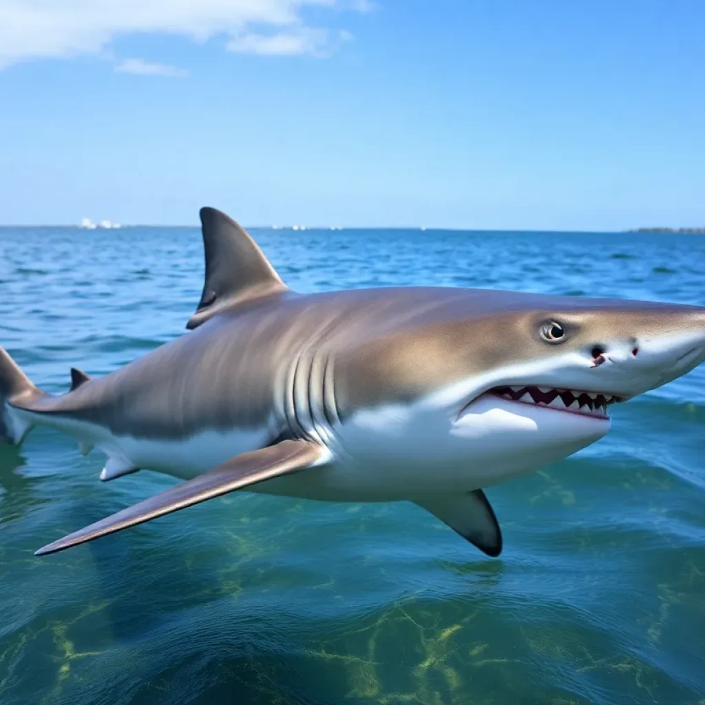 Great white shark swimming near Jacksonville, Florida coastline