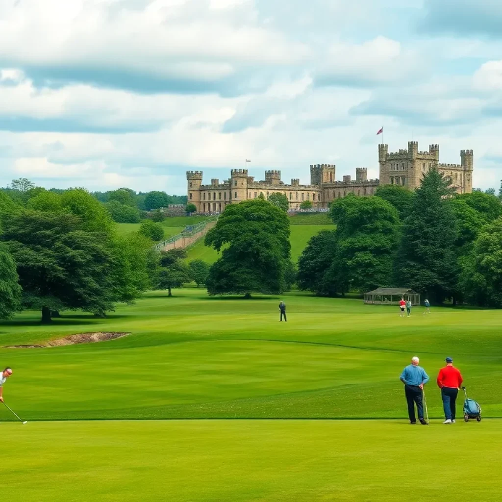 A scenic golf course in the UK with golfers in action.