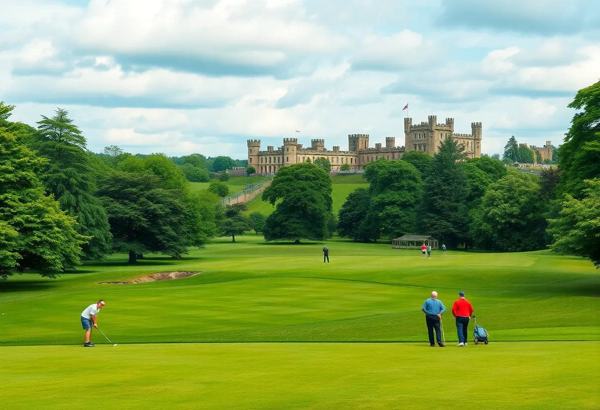 A scenic golf course in the UK with golfers in action.
