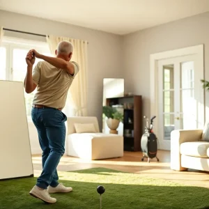 A golfer practicing their swing indoors to enhance technique.
