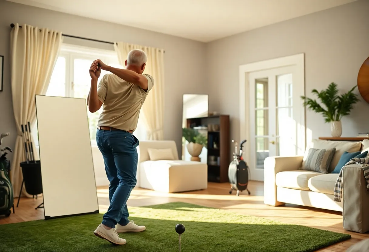 A golfer practicing their swing indoors to enhance technique.