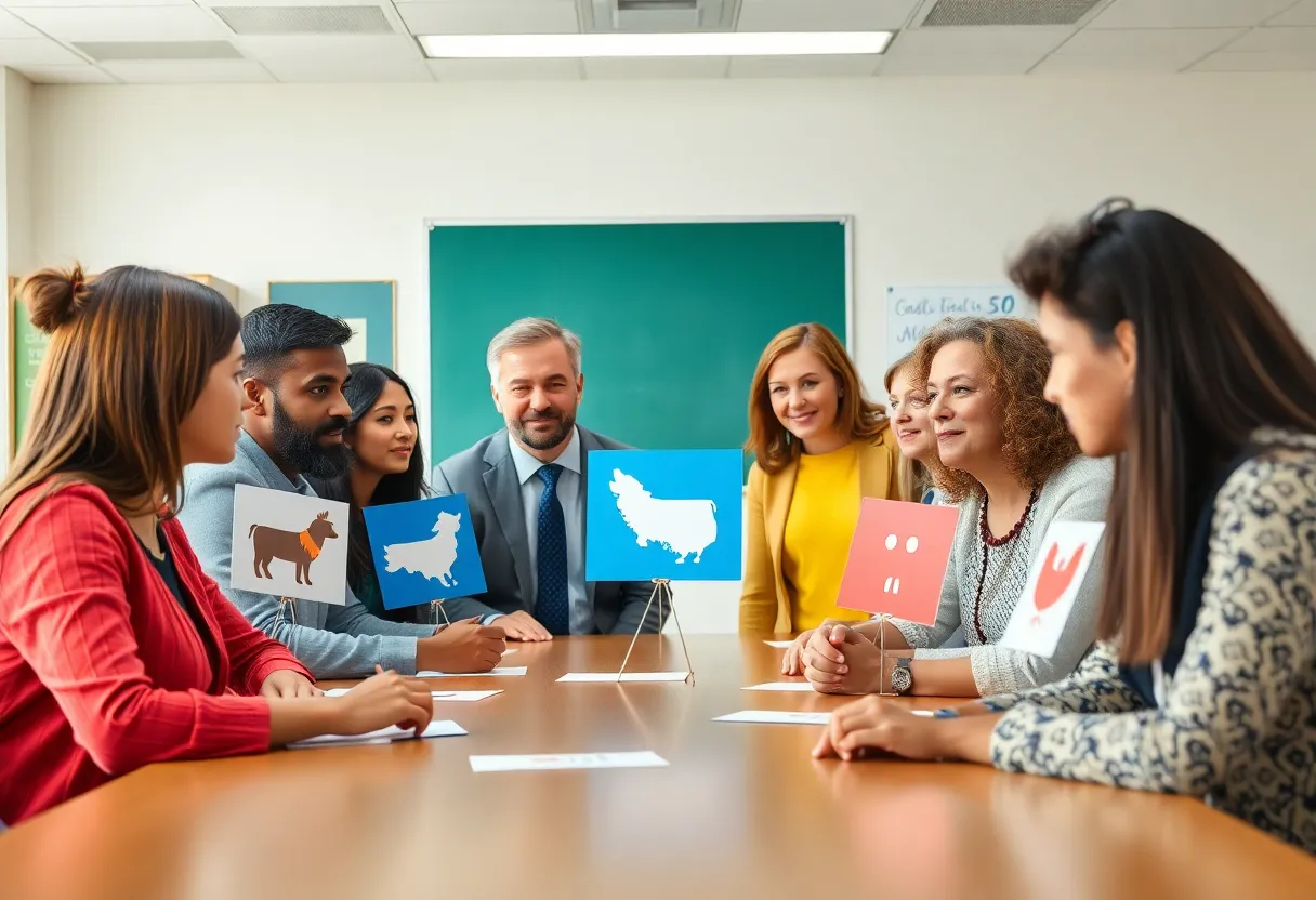 Diverse school board members discussing election strategies