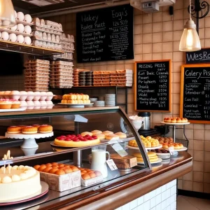 Bakery display with cakes and trays, alongside egg cartons in Jacksonville.