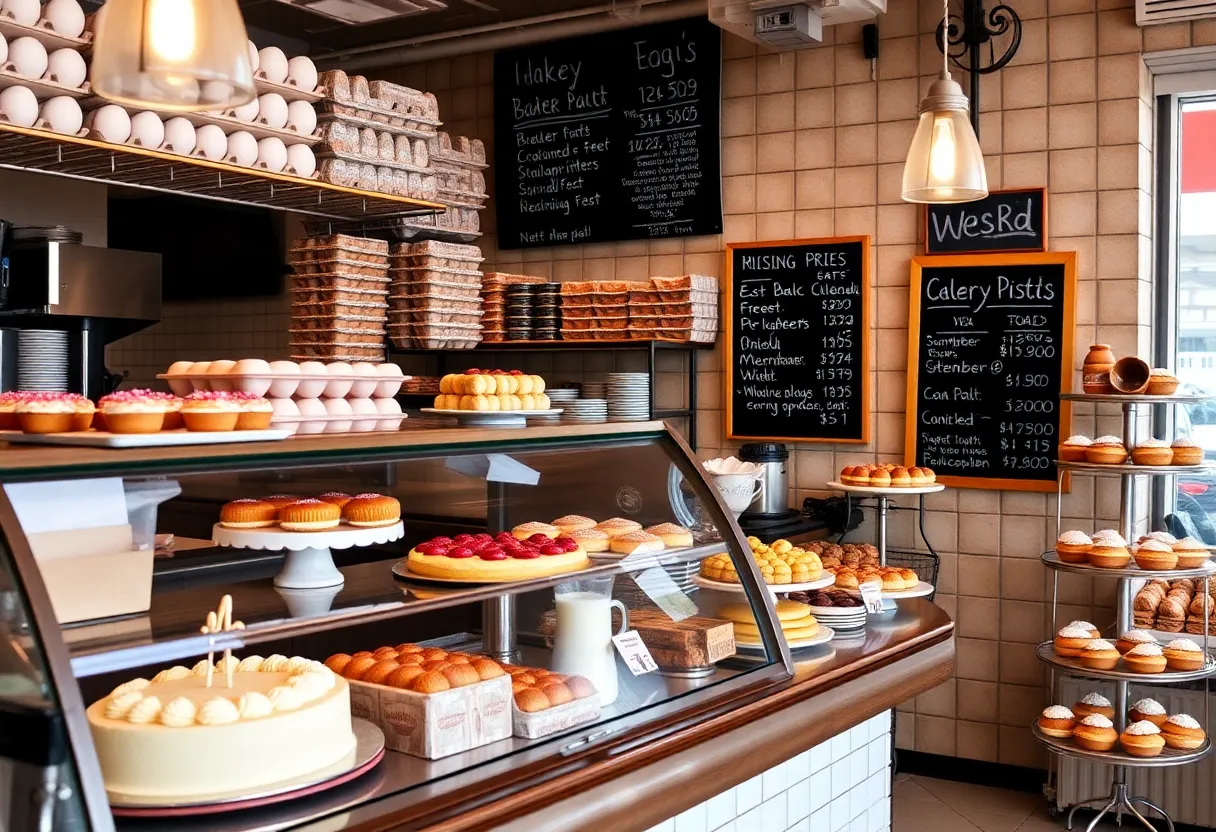 Bakery display with cakes and trays, alongside egg cartons in Jacksonville.