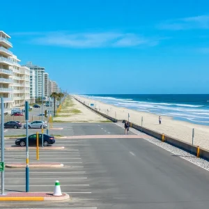 View of Jacksonville Beach showing parking areas with beachgoers and umbrellas