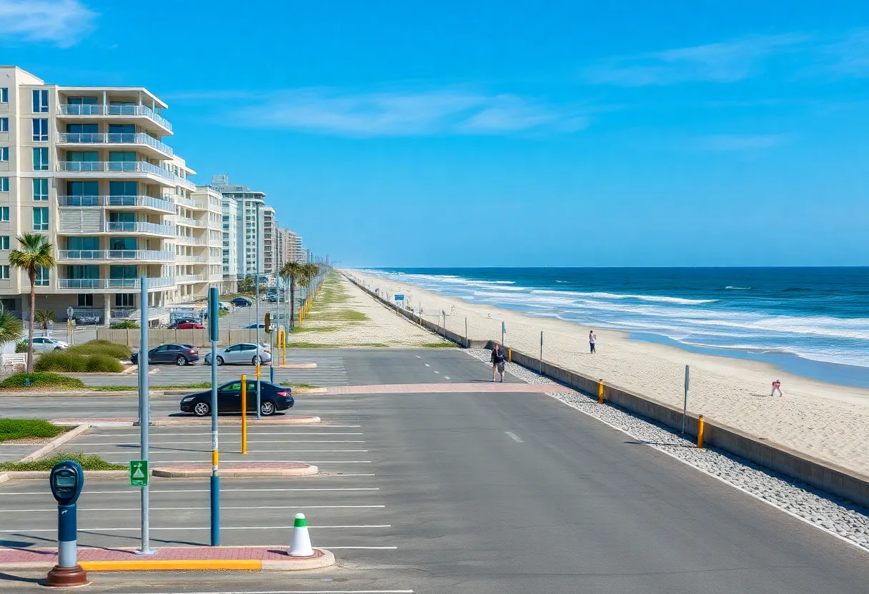 View of Jacksonville Beach showing parking areas with beachgoers and umbrellas