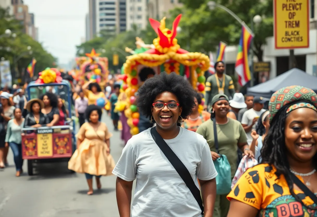A vibrant parade celebrating Black History Month in Jacksonville with colorful floats and crowds.