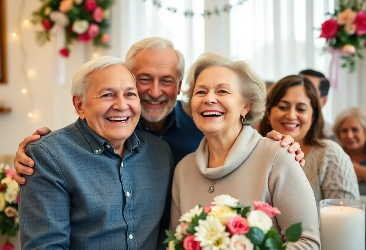 An elderly couple celebrating their 70th anniversary with smiles and warmth.