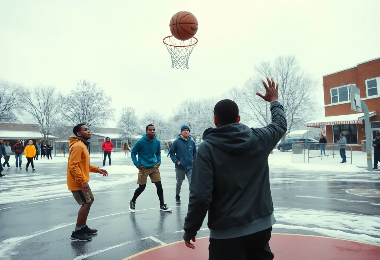 Jacksonville Dolphins playing basketball in the snow