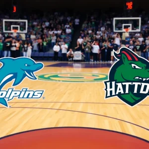 Jacksonville Dolphins and Stetson Hatters basketball teams face off in a competitive game