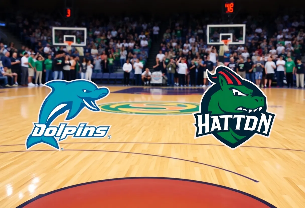 Jacksonville Dolphins and Stetson Hatters basketball teams face off in a competitive game