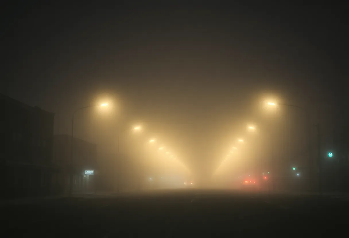 Fog enveloping a Jacksonville street at night