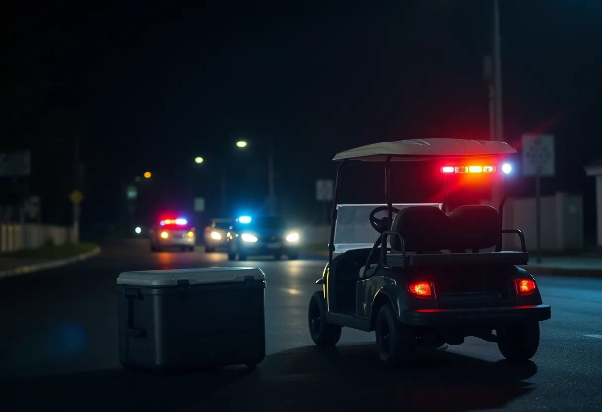 Night scene of a golf cart accident site with police lights