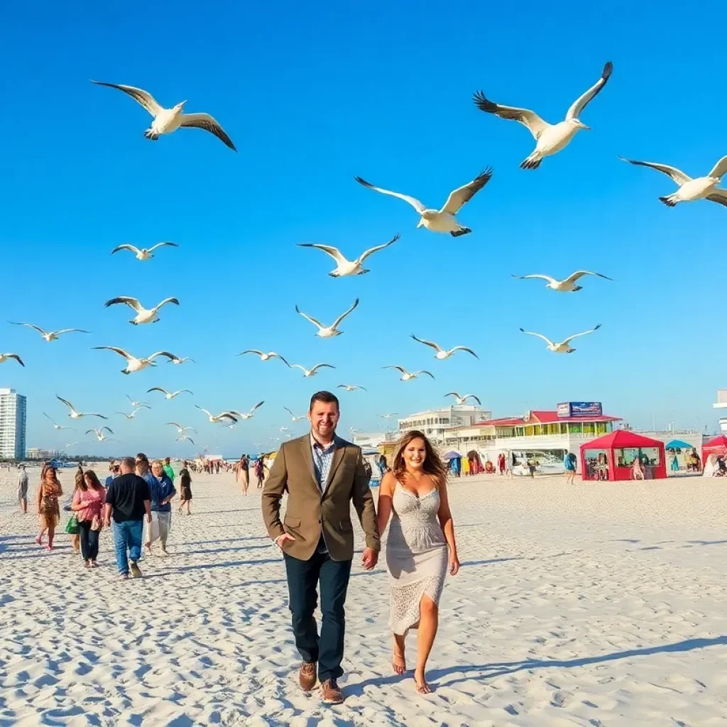 Couples celebrating Groundhog Day on the beach in Jacksonville with pelicans flying above.