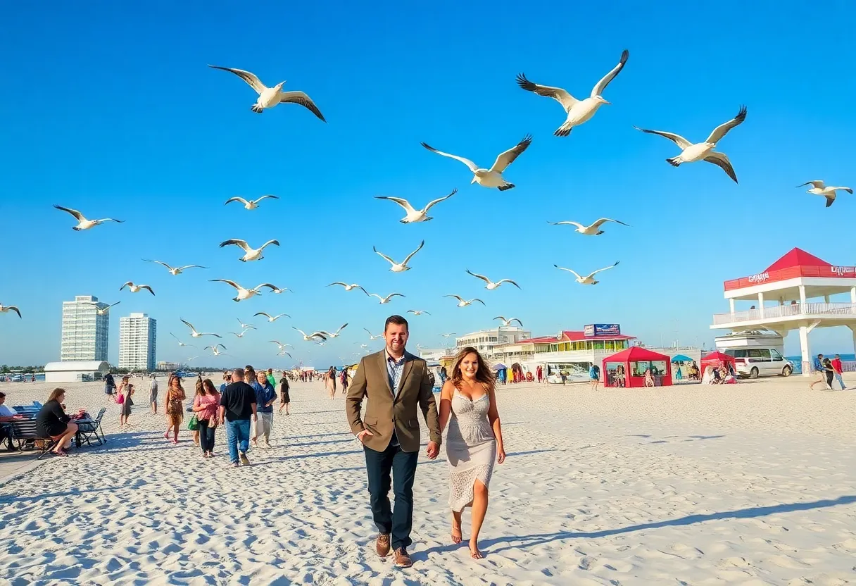 Couples celebrating Groundhog Day on the beach in Jacksonville with pelicans flying above.