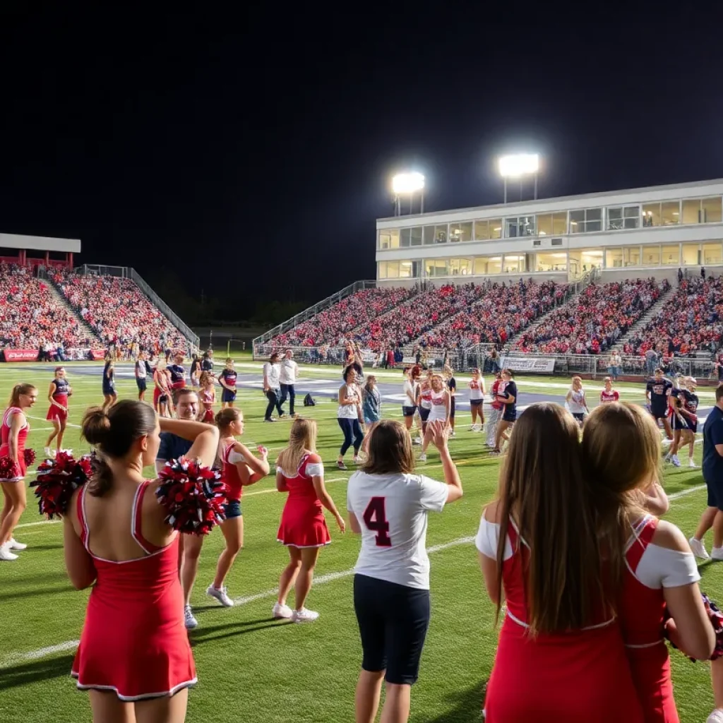 A bustling high school sports event in Jacksonville with athletes and cheering fans.