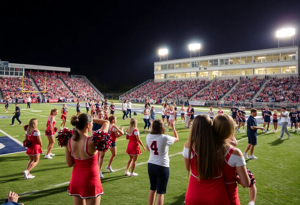 A bustling high school sports event in Jacksonville with athletes and cheering fans.