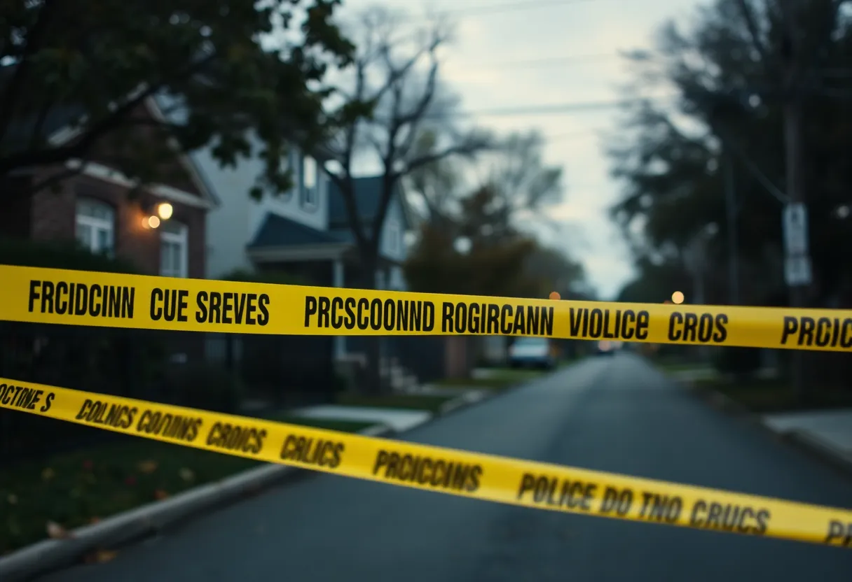 Police tape marking a crime scene in a quiet neighborhood