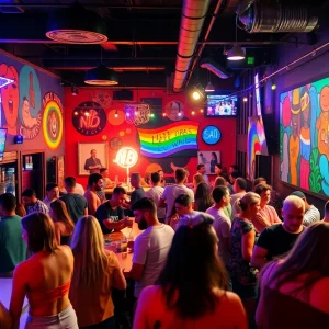 A lively LGBTQ nightclub scene in Jacksonville with colorful decor and diverse patrons enjoying their time.