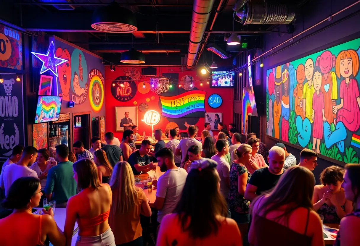 A lively LGBTQ nightclub scene in Jacksonville with colorful decor and diverse patrons enjoying their time.
