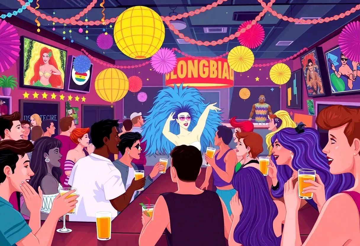 Lively LGBTQIA+ bar atmosphere in Jacksonville with people celebrating.