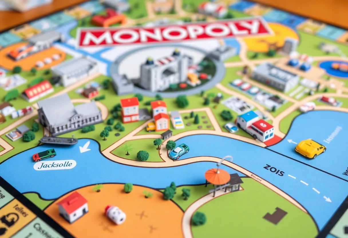 Custom Monopoly game board showcasing Jacksonville landmarks.