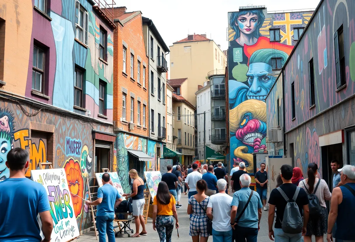 Vibrant scene from the Jacksonville Mural Festival with colorful murals and artists at work.