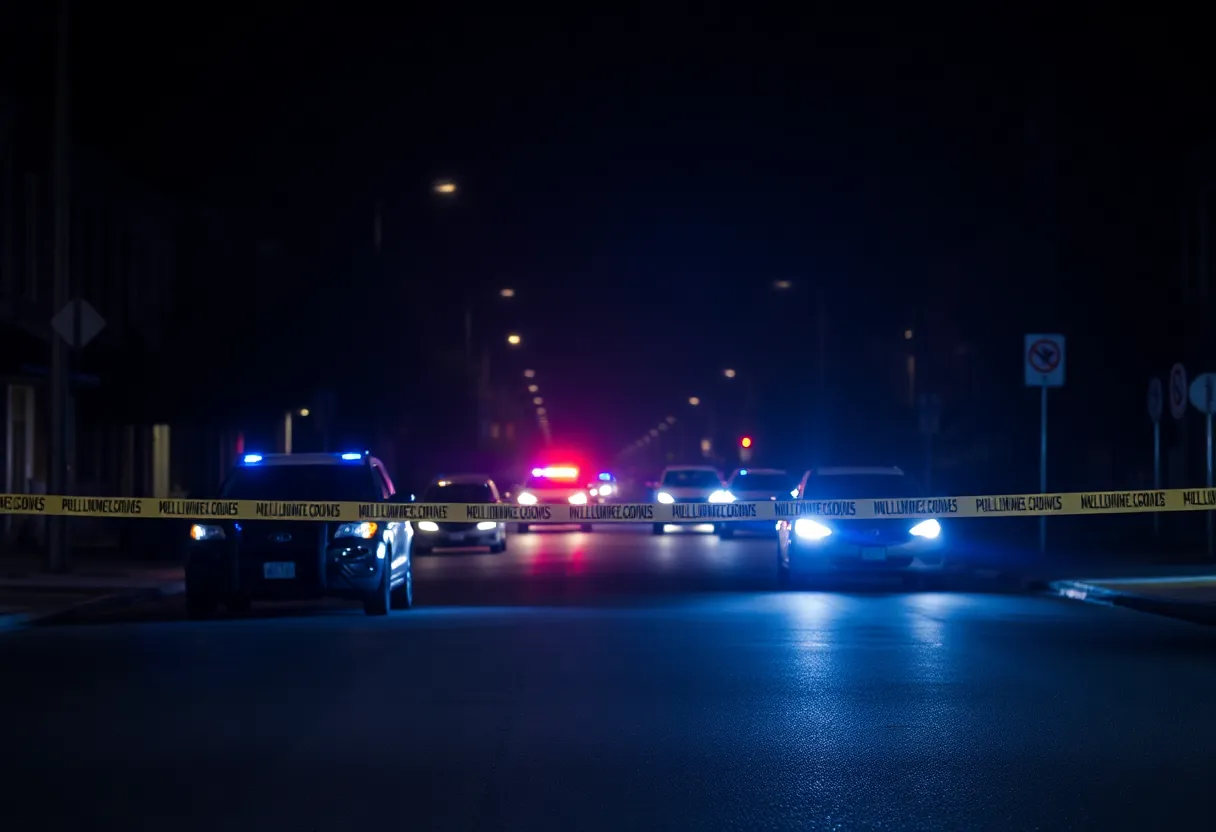 Police vehicles and crime scene tape on a Jacksonville street at night