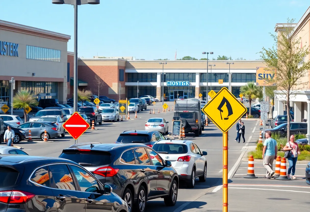 A busy parking lot in Jacksonville with pedestrians and vehicles.