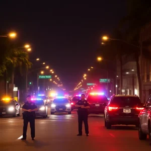 Police lights illuminating a Jacksonville street during nighttime investigations.