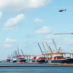 Construction of power lines at Jacksonville Port with cargo ships and cranes in the background.