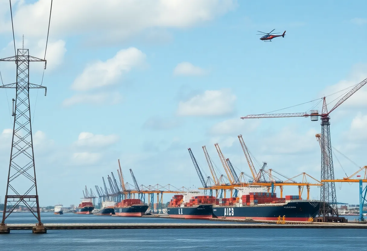 Construction of power lines at Jacksonville Port with cargo ships and cranes in the background.